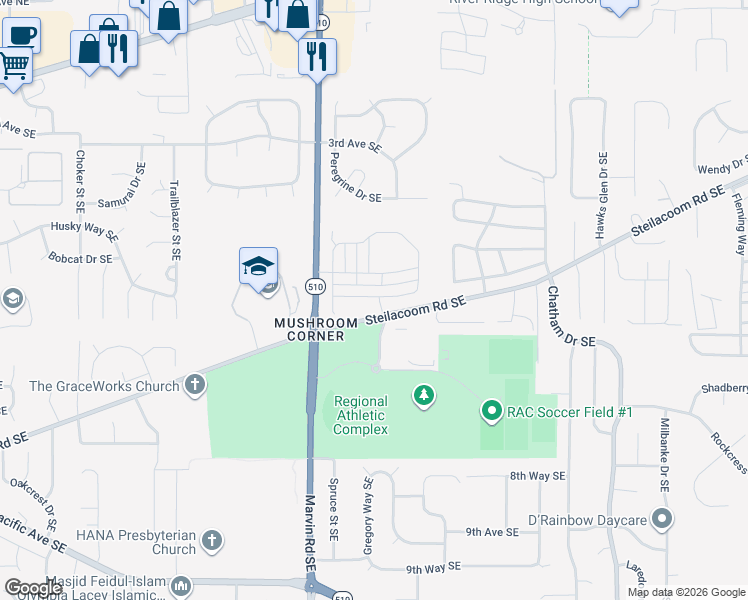 map of restaurants, bars, coffee shops, grocery stores, and more near 8592-8644 Steilacoom Road Southeast in Olympia