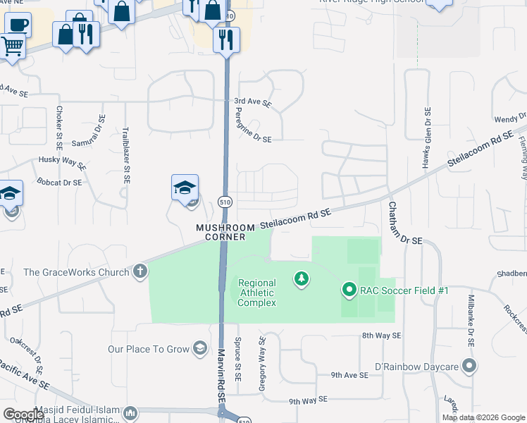 map of restaurants, bars, coffee shops, grocery stores, and more near 8322 Steilacoom Road Southeast in Olympia