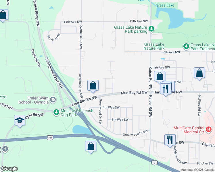 map of restaurants, bars, coffee shops, grocery stores, and more near 4034 2nd Avenue Northwest in Olympia