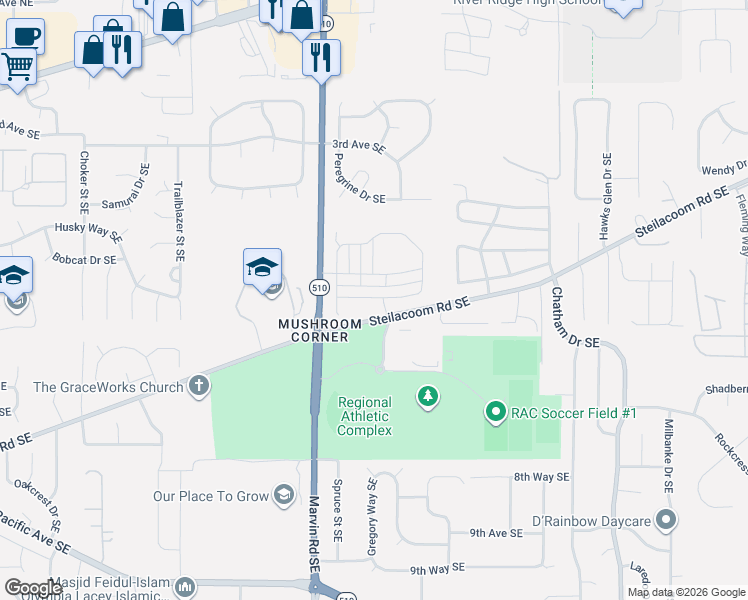 map of restaurants, bars, coffee shops, grocery stores, and more near 8322 Steilacoom Road Southeast in Olympia
