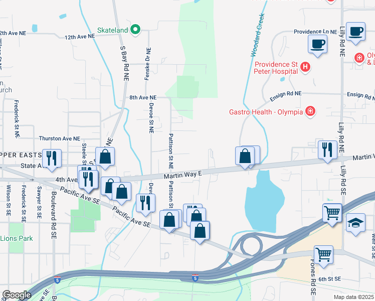 map of restaurants, bars, coffee shops, grocery stores, and more near 2915 View Hill Road Northeast in Olympia