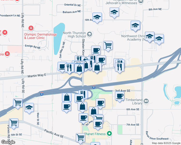map of restaurants, bars, coffee shops, grocery stores, and more near 4131 Martin Way East in Olympia