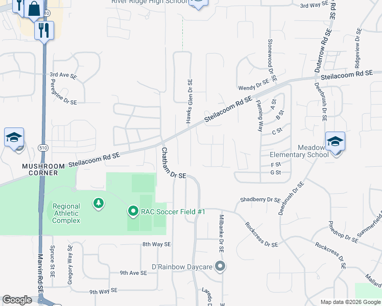 map of restaurants, bars, coffee shops, grocery stores, and more near 848 Avalon Court Southeast in Olympia