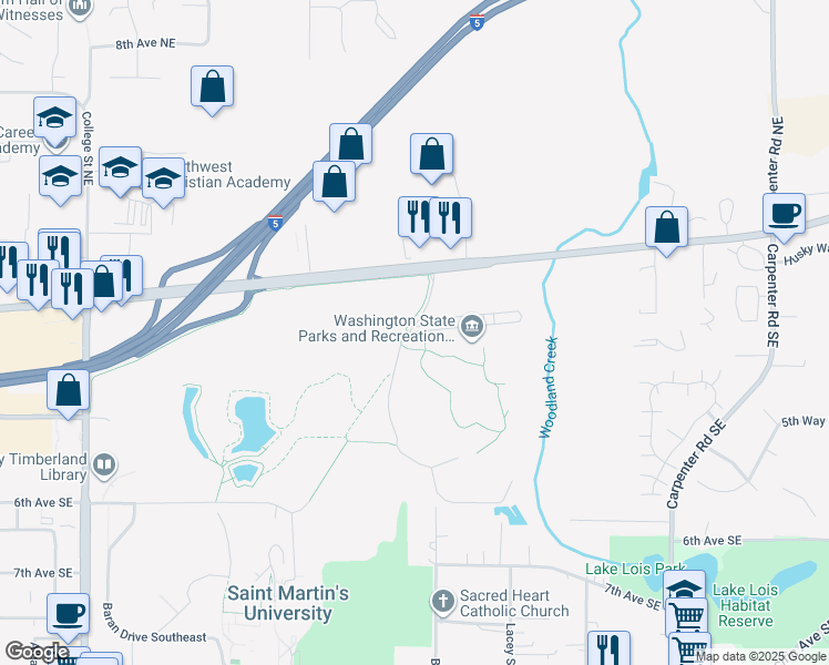 map of restaurants, bars, coffee shops, grocery stores, and more near 4600 Martin Way East in Lacey