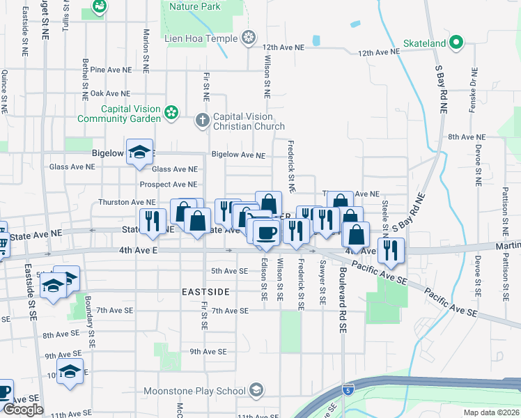 map of restaurants, bars, coffee shops, grocery stores, and more near 1975 Olympia Avenue Northeast in Olympia