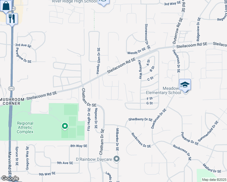 map of restaurants, bars, coffee shops, grocery stores, and more near 834 Rowland Drive Southeast in Olympia