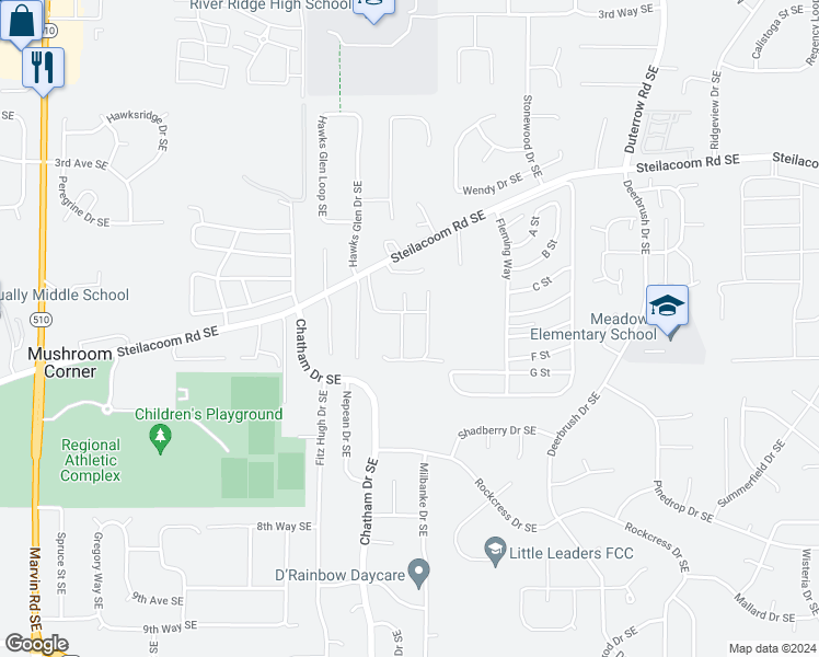 map of restaurants, bars, coffee shops, grocery stores, and more near 901 Rowland Drive Southeast in Olympia