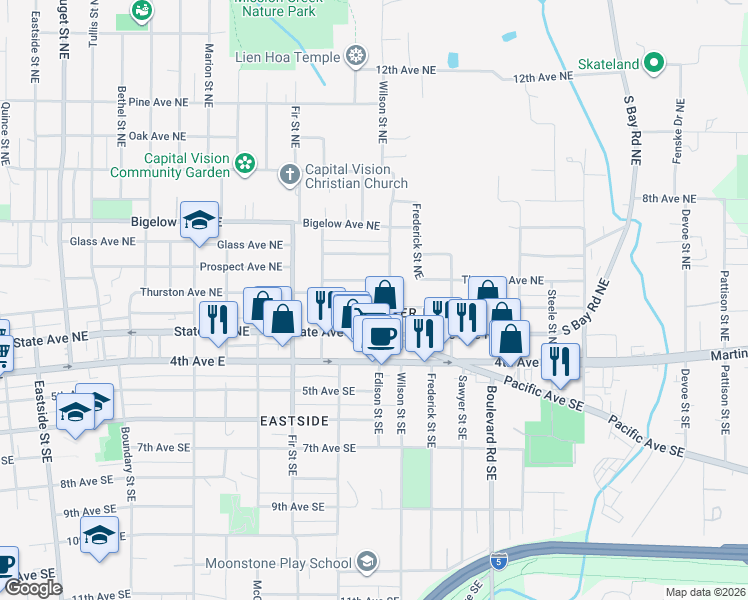 map of restaurants, bars, coffee shops, grocery stores, and more near 1975 Olympia Avenue Northeast in Olympia