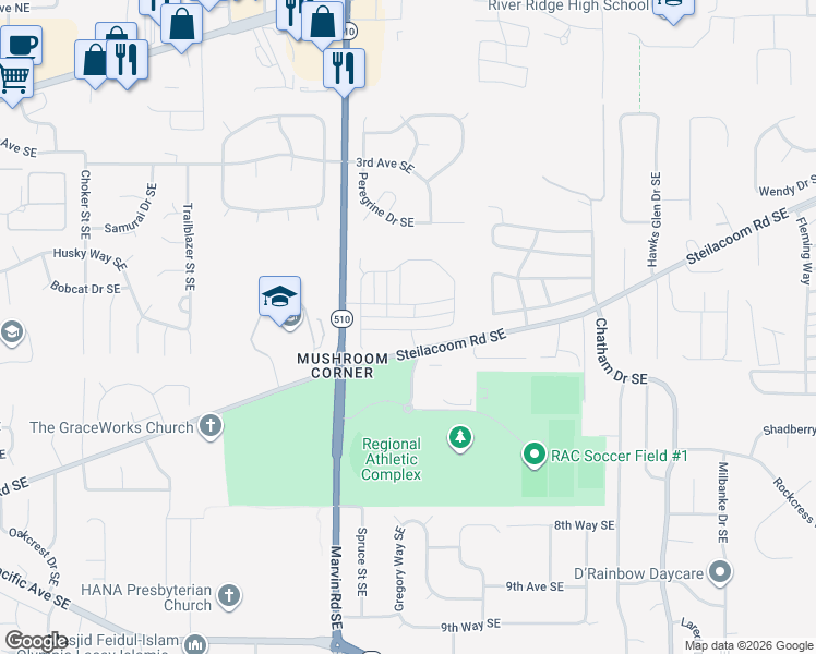 map of restaurants, bars, coffee shops, grocery stores, and more near 8592-8644 Steilacoom Road Southeast in Olympia