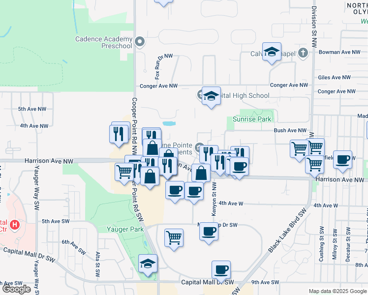 map of restaurants, bars, coffee shops, grocery stores, and more near 2900 Limited Lane Northwest in Olympia