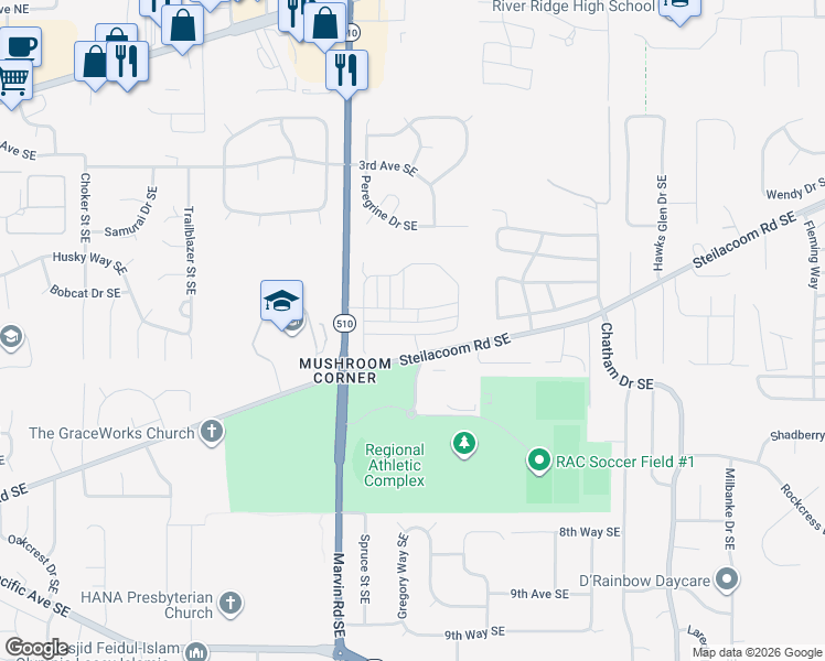 map of restaurants, bars, coffee shops, grocery stores, and more near 8592-8644 Steilacoom Road Southeast in Olympia