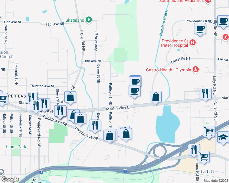 map of restaurants, bars, coffee shops, grocery stores, and more near 305 Pattison Street Northeast in Olympia