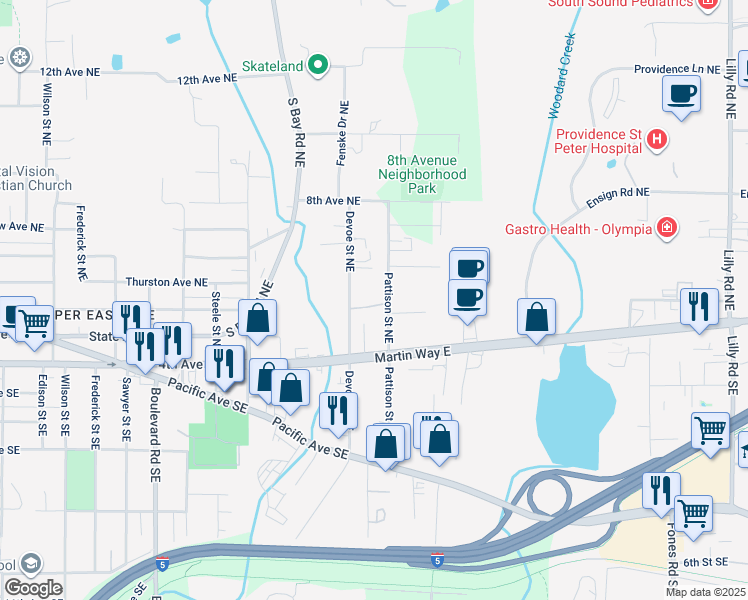 map of restaurants, bars, coffee shops, grocery stores, and more near 305 Pattison Street Northeast in Olympia
