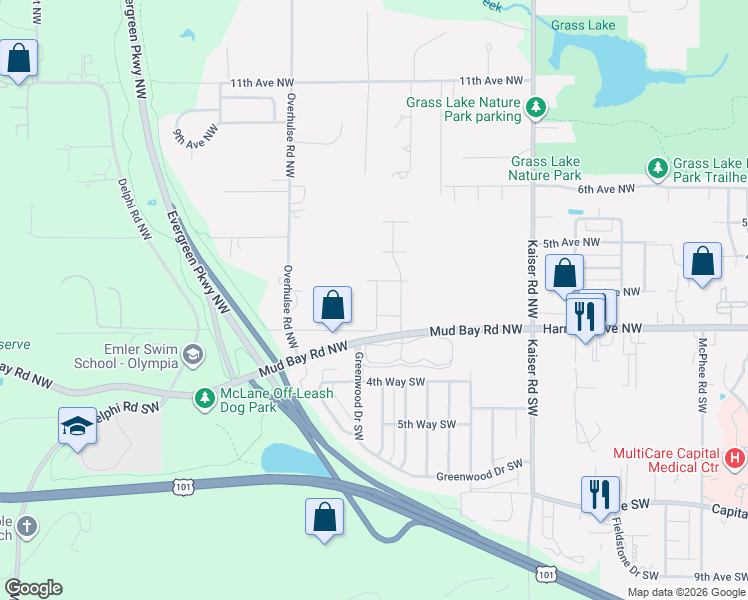 map of restaurants, bars, coffee shops, grocery stores, and more near 4034 2nd Avenue Northwest in Olympia