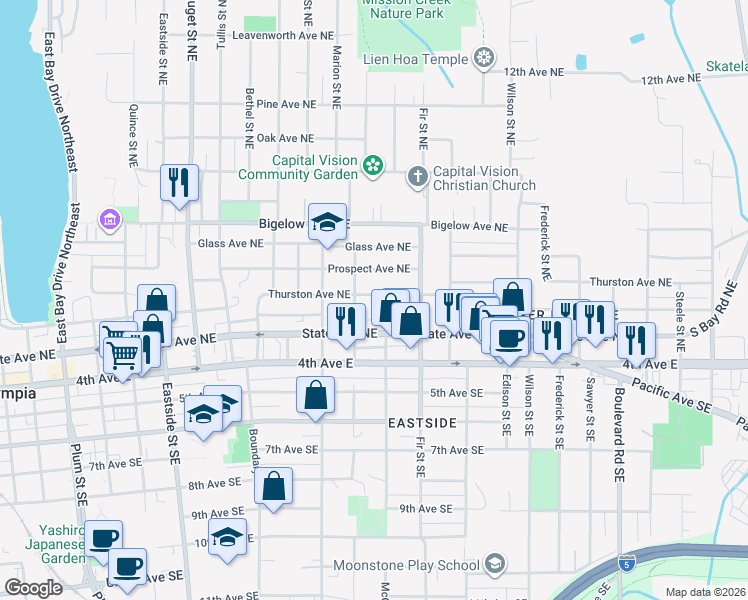 map of restaurants, bars, coffee shops, grocery stores, and more near 1629 Thurston Avenue Northeast in Olympia