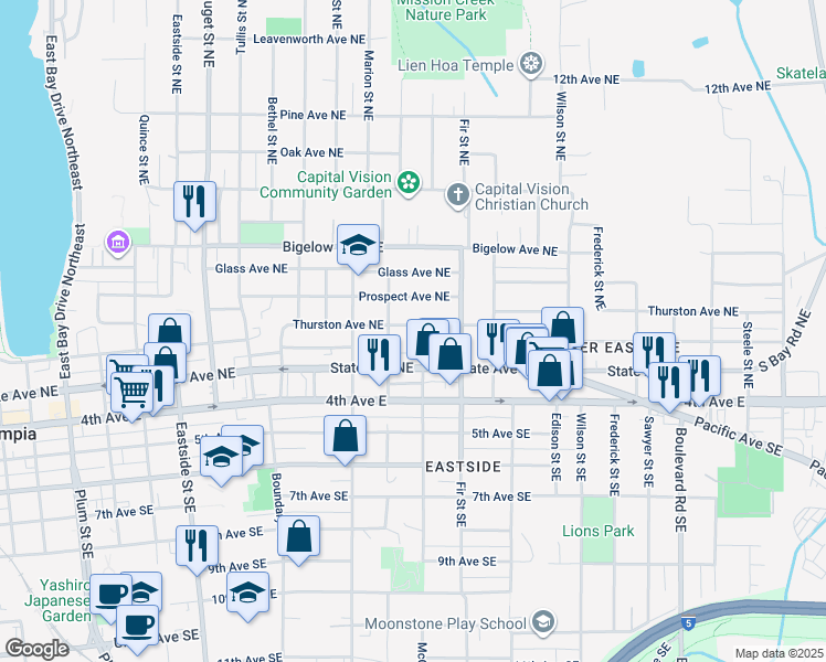 map of restaurants, bars, coffee shops, grocery stores, and more near 1629 Thurston Avenue Northeast in Olympia
