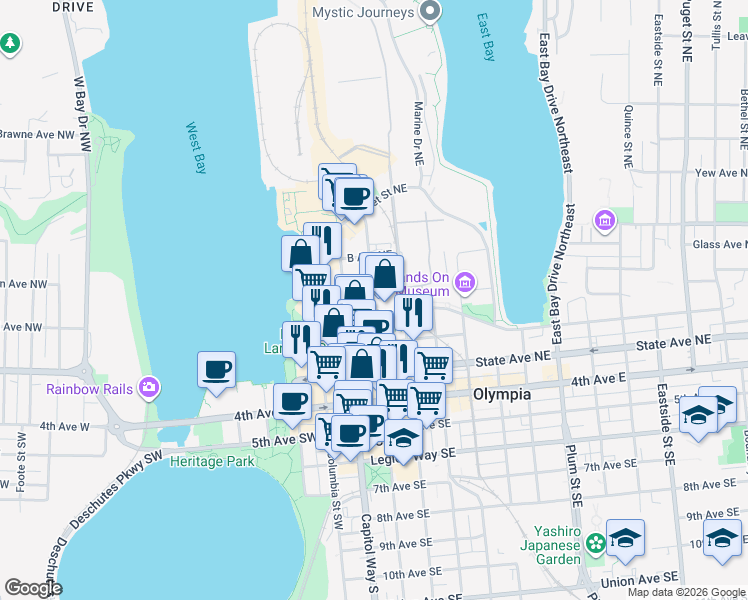 map of restaurants, bars, coffee shops, grocery stores, and more near 499 Washington Street Northeast in Olympia