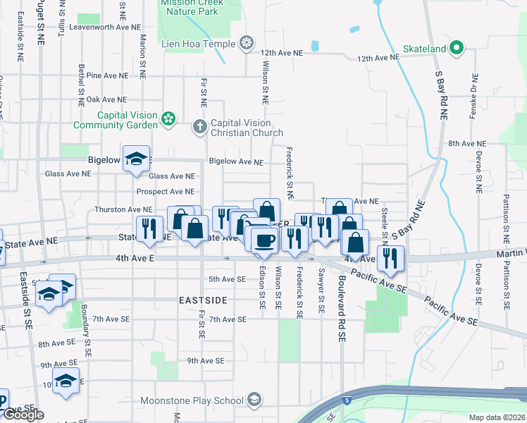 map of restaurants, bars, coffee shops, grocery stores, and more near 1975 Olympia Avenue Northeast in Olympia