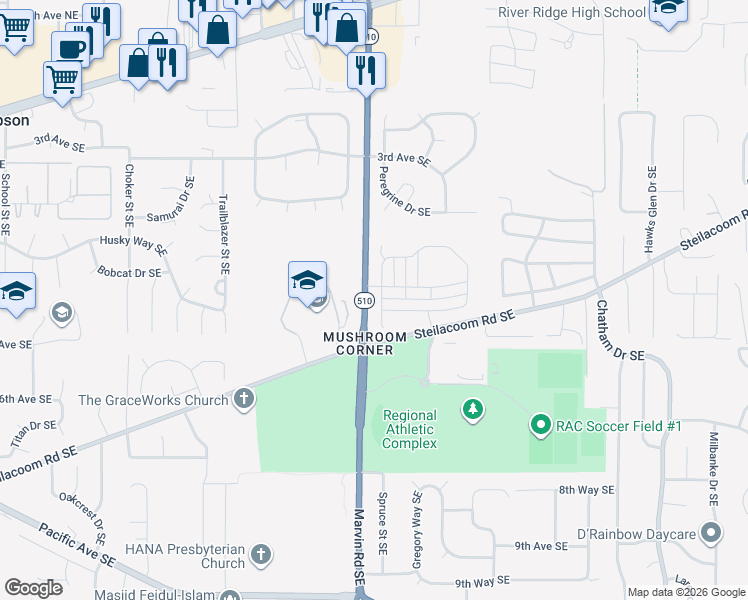 map of restaurants, bars, coffee shops, grocery stores, and more near in Thurston County