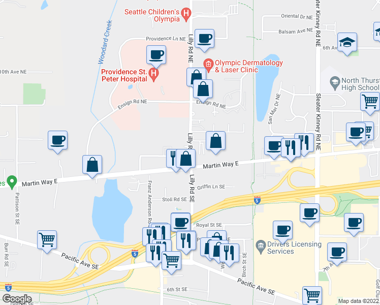 map of restaurants, bars, coffee shops, grocery stores, and more near 122 Lilly Road Northeast in Olympia