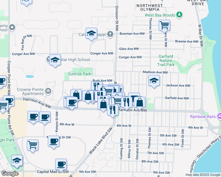 map of restaurants, bars, coffee shops, grocery stores, and more near 303 Division Street Northwest in Olympia