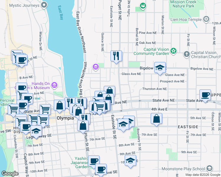 map of restaurants, bars, coffee shops, grocery stores, and more near 1102 Olympia Avenue Northeast in Olympia