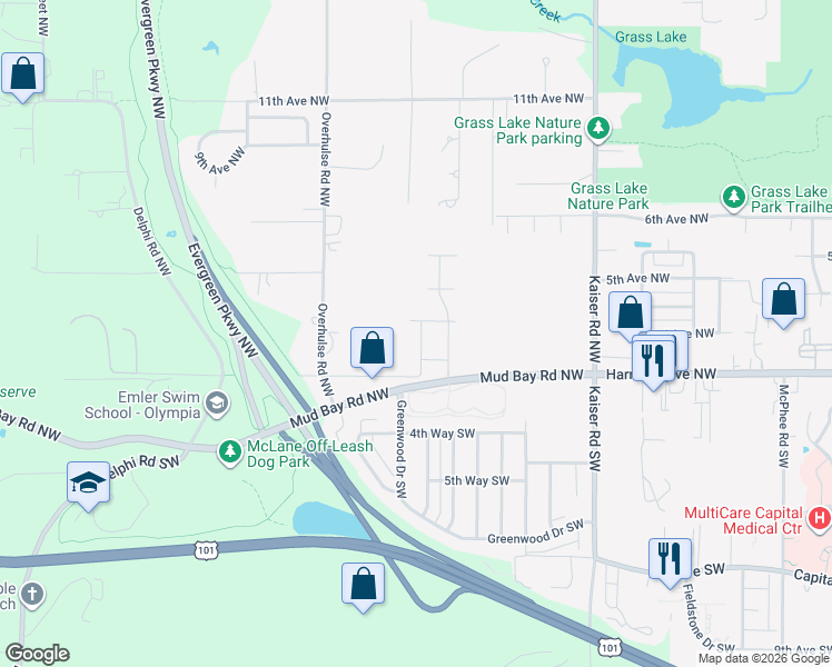 map of restaurants, bars, coffee shops, grocery stores, and more near 4034 2nd Avenue Northwest in Olympia