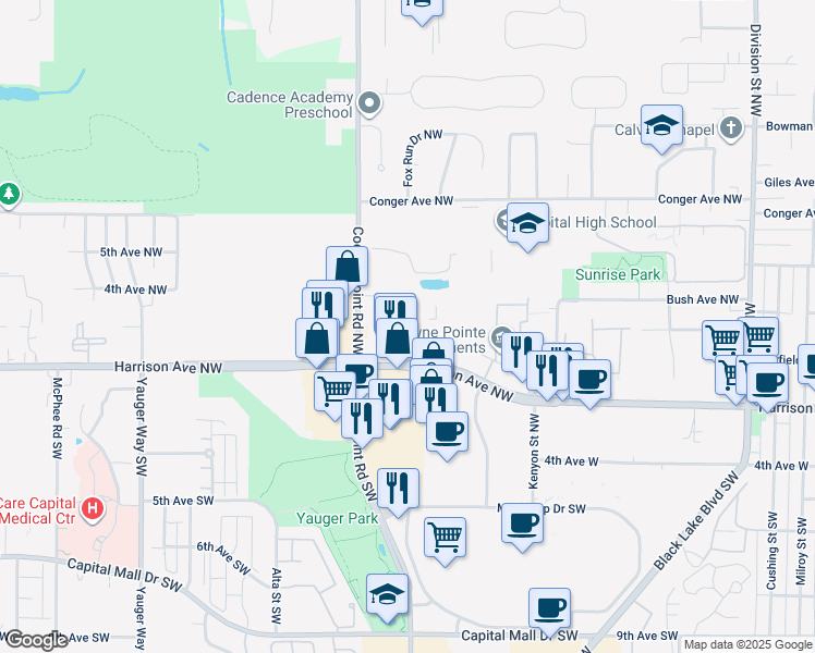 map of restaurants, bars, coffee shops, grocery stores, and more near 3000 Limited Lane Northwest in Olympia