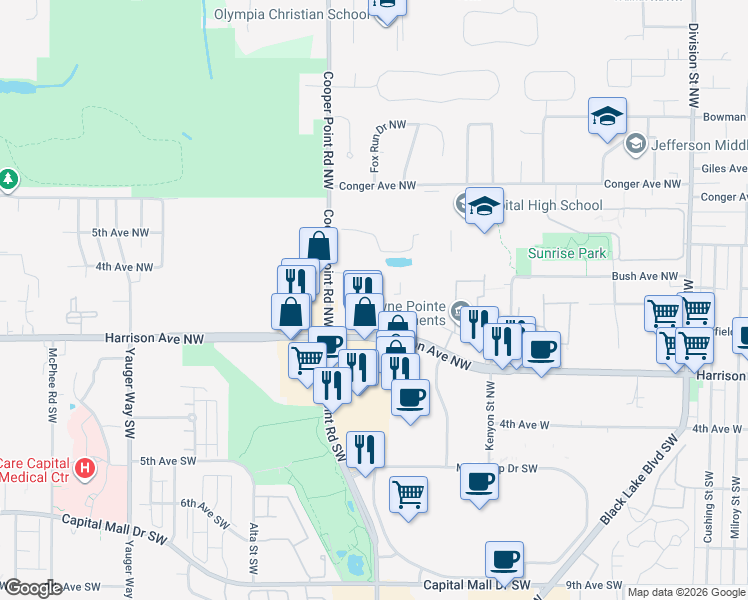 map of restaurants, bars, coffee shops, grocery stores, and more near 3000 Limited Lane Northwest in Olympia