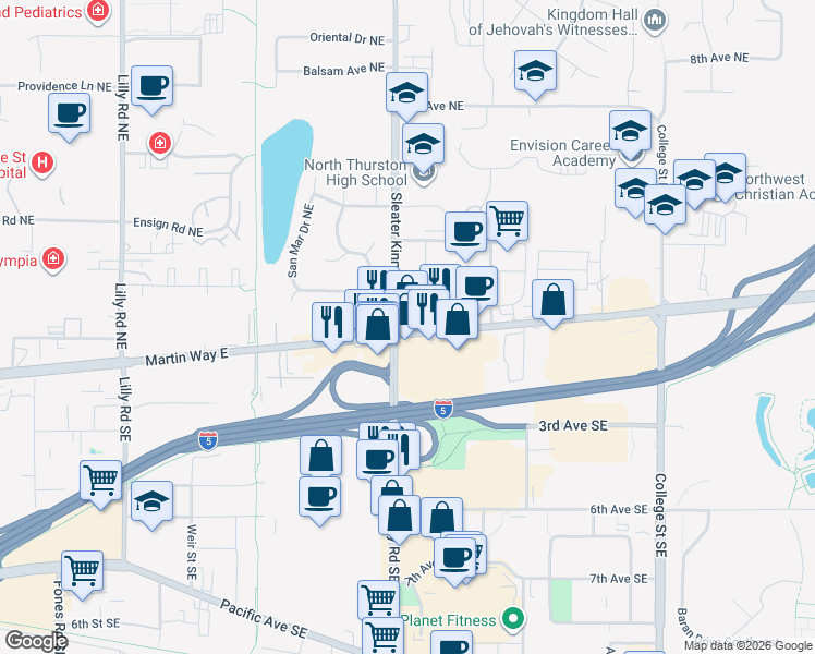 map of restaurants, bars, coffee shops, grocery stores, and more near 12 Sleater Kinney Road Southeast in Olympia