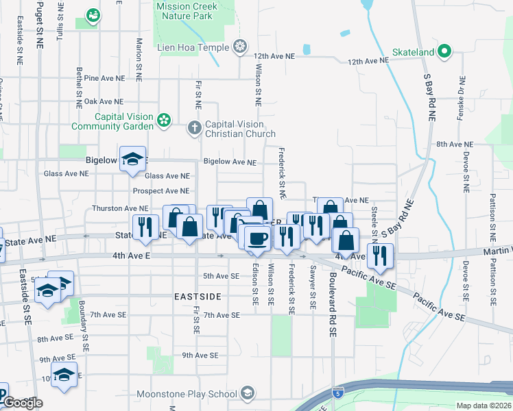 map of restaurants, bars, coffee shops, grocery stores, and more near 1973 Thurston Avenue Northeast in Olympia