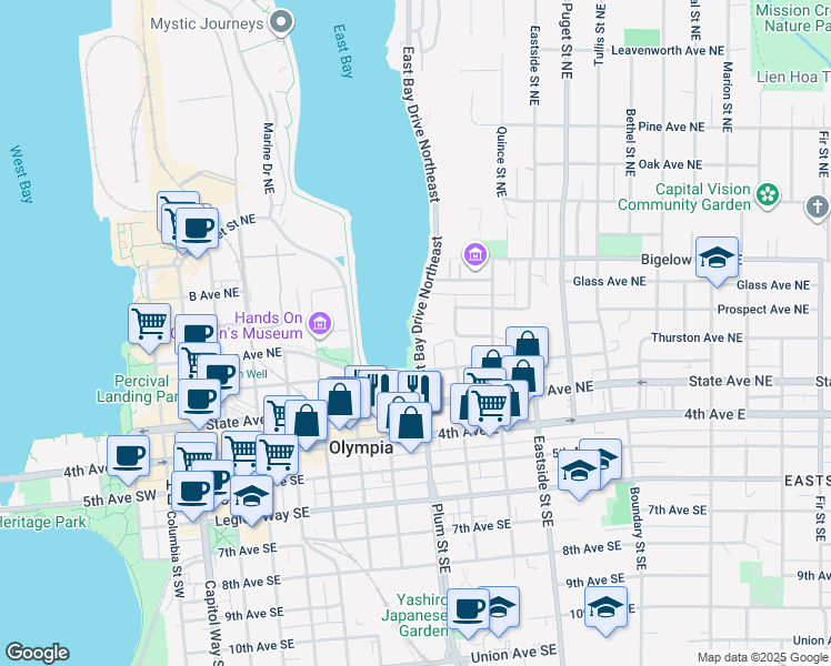 map of restaurants, bars, coffee shops, grocery stores, and more near 313 East Bay Drive Northeast in Olympia