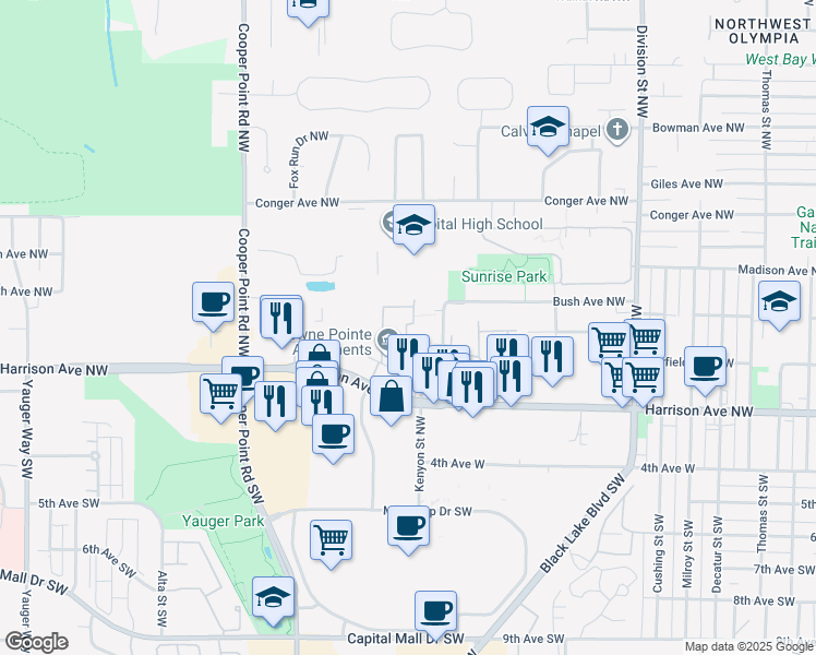 map of restaurants, bars, coffee shops, grocery stores, and more near 2800 Limited Lane Northwest in Olympia