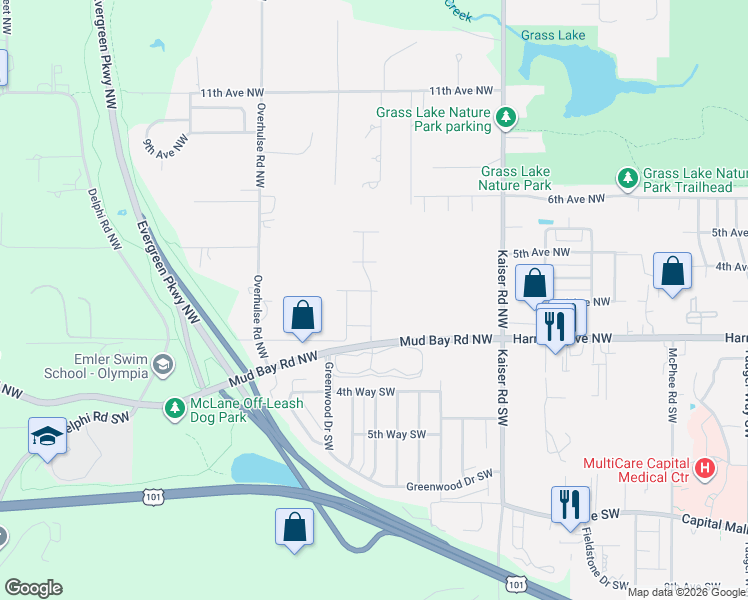 map of restaurants, bars, coffee shops, grocery stores, and more near 4840 Harrison Avenue Northwest in Olympia