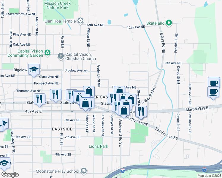 map of restaurants, bars, coffee shops, grocery stores, and more near 413 Sawyer Street Southeast in Olympia