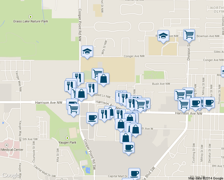 map of restaurants, bars, coffee shops, grocery stores, and more near 2707 Conger Avenue Northwest in Olympia