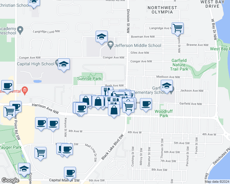 map of restaurants, bars, coffee shops, grocery stores, and more near 2114 Jackson Avenue Northwest in Olympia