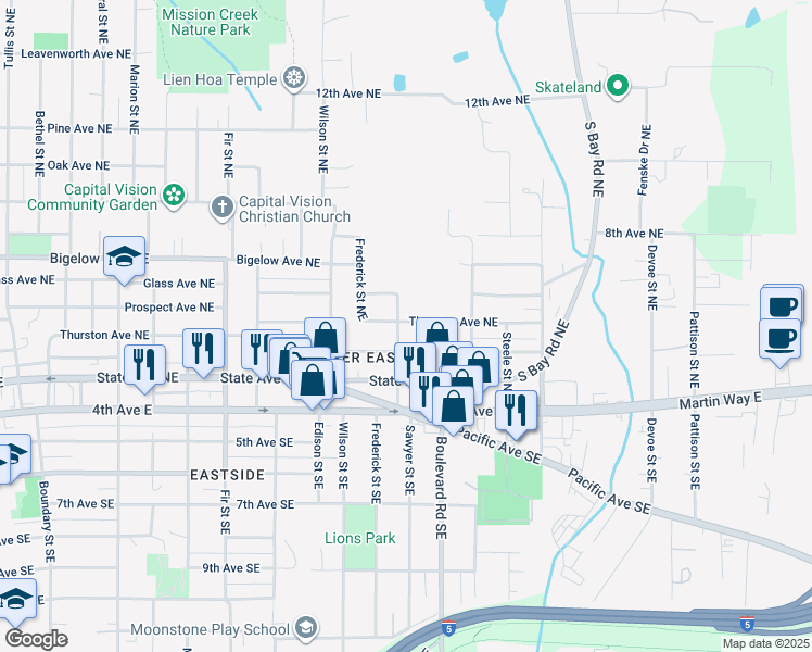 map of restaurants, bars, coffee shops, grocery stores, and more near 413 Sawyer Street Southeast in Olympia