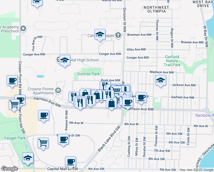 map of restaurants, bars, coffee shops, grocery stores, and more near 2200 Bush Avenue Northwest in Olympia