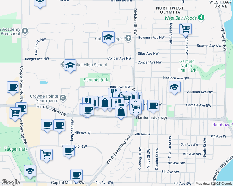map of restaurants, bars, coffee shops, grocery stores, and more near 2200 Bush Avenue Northwest in Olympia