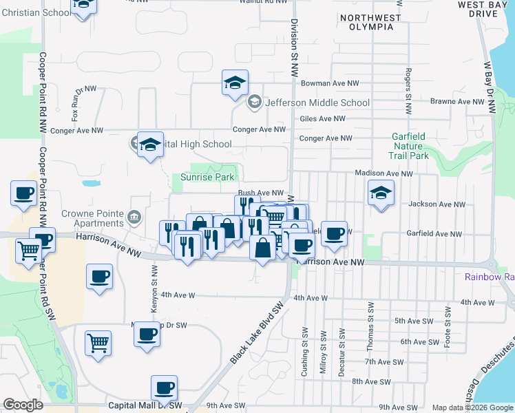 map of restaurants, bars, coffee shops, grocery stores, and more near 2200 Bush Avenue Northwest in Olympia