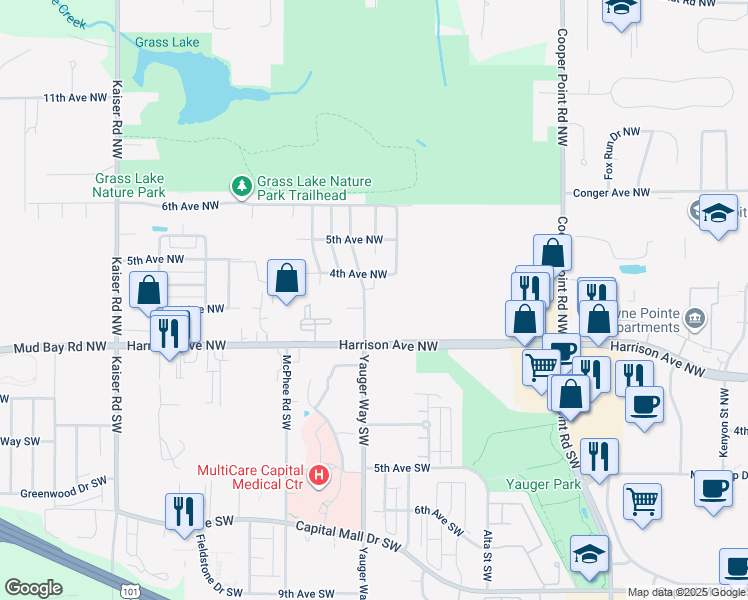 map of restaurants, bars, coffee shops, grocery stores, and more near 312 Yauger Way Northwest in Olympia