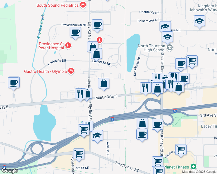 map of restaurants, bars, coffee shops, grocery stores, and more near 130-200 Lilly Road Northeast in Olympia