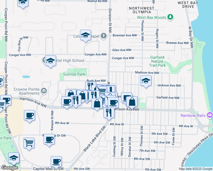 map of restaurants, bars, coffee shops, grocery stores, and more near 2014 Bush Avenue Northwest in Olympia