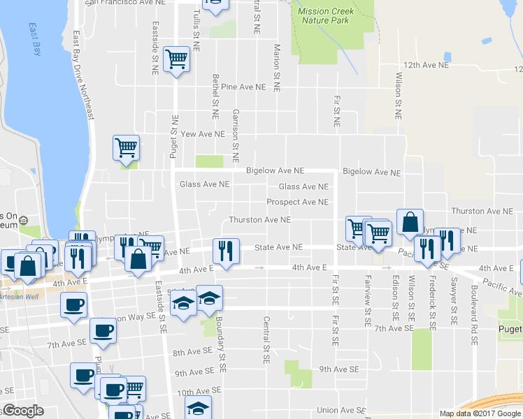 map of restaurants, bars, coffee shops, grocery stores, and more near 506 Central Street Southeast in Olympia