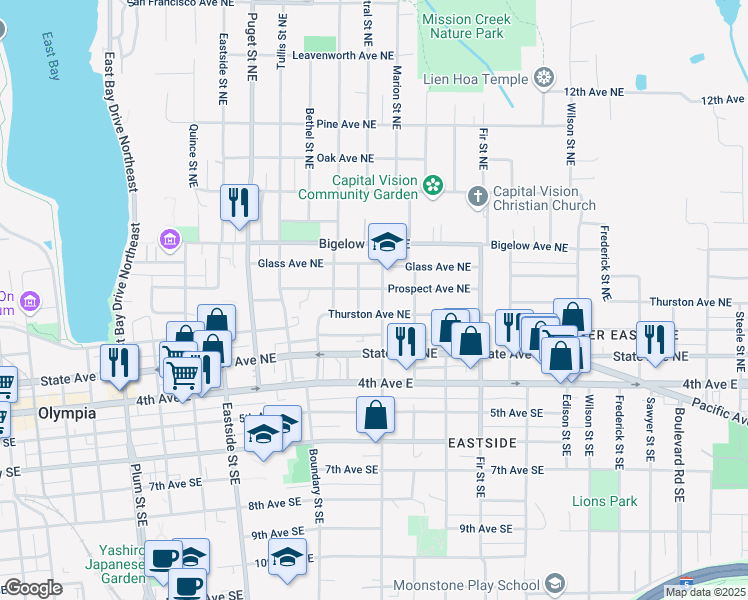 map of restaurants, bars, coffee shops, grocery stores, and more near 506 Central Street Southeast in Olympia