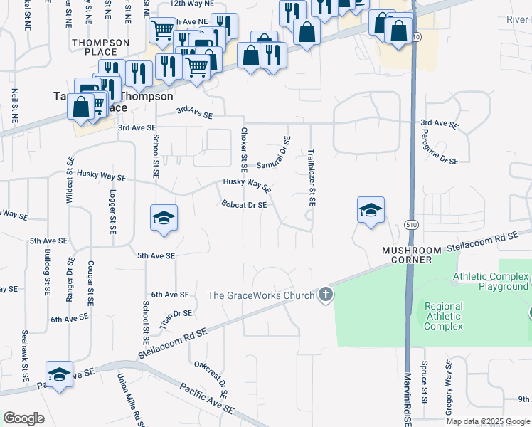 map of restaurants, bars, coffee shops, grocery stores, and more near 424 Trojan Court Southeast in Olympia