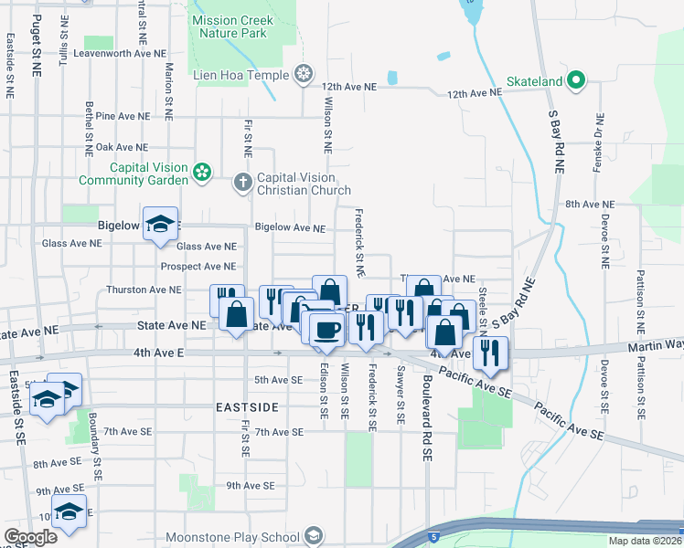 map of restaurants, bars, coffee shops, grocery stores, and more near 415 Frederick Street Northeast in Olympia