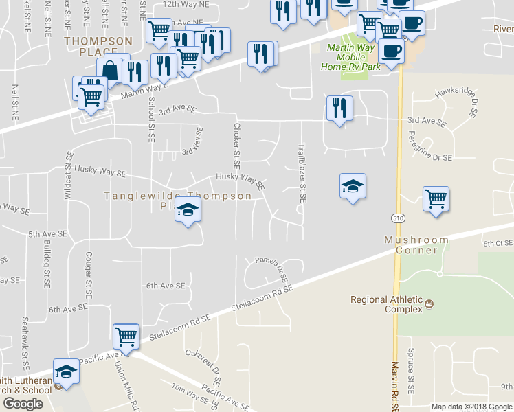 map of restaurants, bars, coffee shops, grocery stores, and more near 424 Trojan Court Southeast in Olympia
