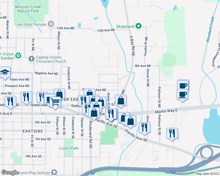 map of restaurants, bars, coffee shops, grocery stores, and more near 2429 Prospect Avenue Northeast in Olympia